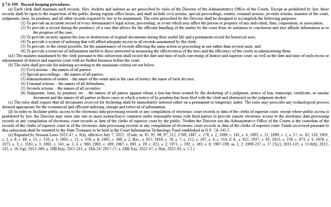 Iredell County Clerk of Superior Court records statute
