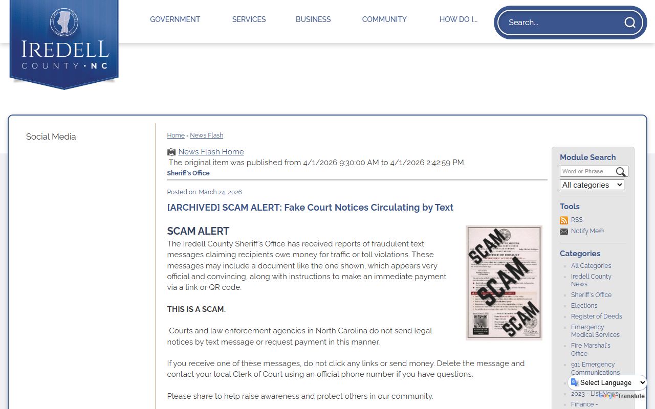 Iredell County arrest records fake court notice scam alert