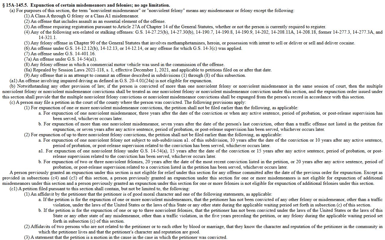 Iredell County criminal court records nonviolent offense expunction statute