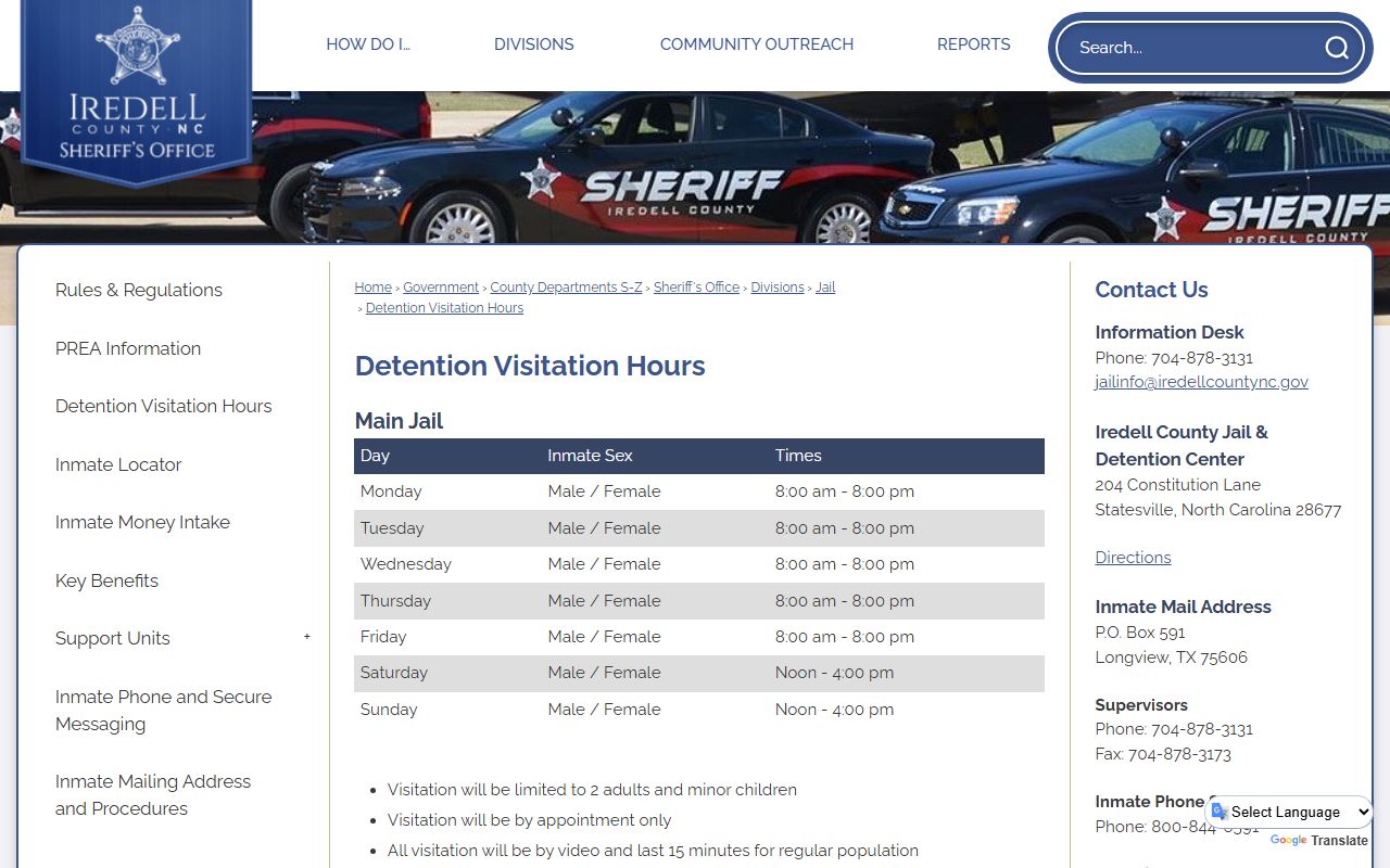 Iredell County inmate records detention visitation rules